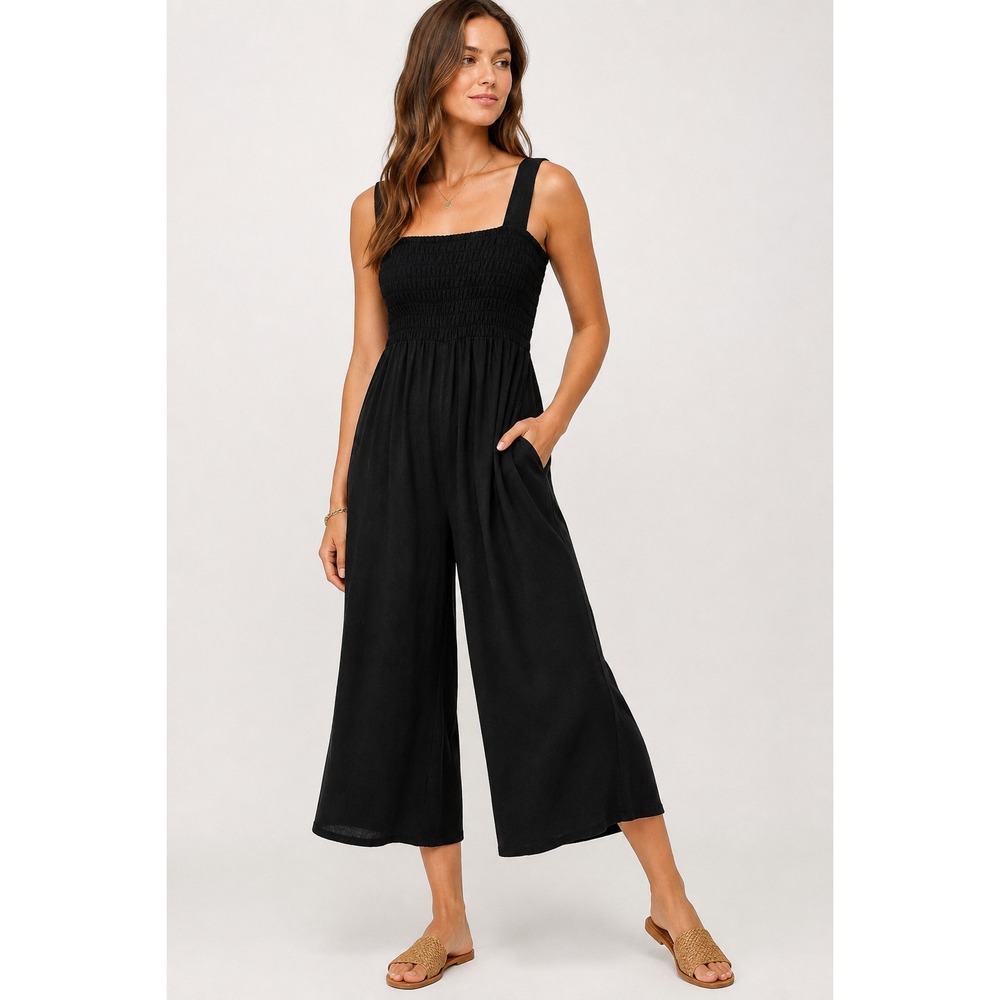 FP Beach Free People Black Smocked Palazzo Cropped Wide Leg Jumpsuit S Boho